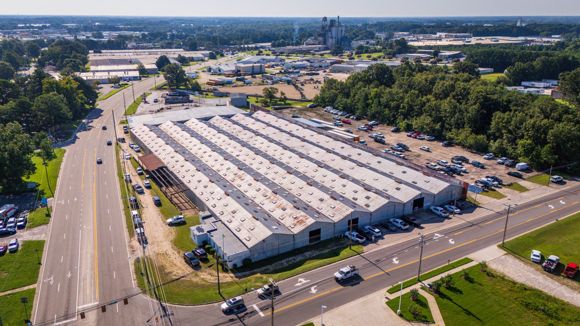 Aerial photo of an industrial area with warehouses in Wilson, NC. Bright daylight view.
