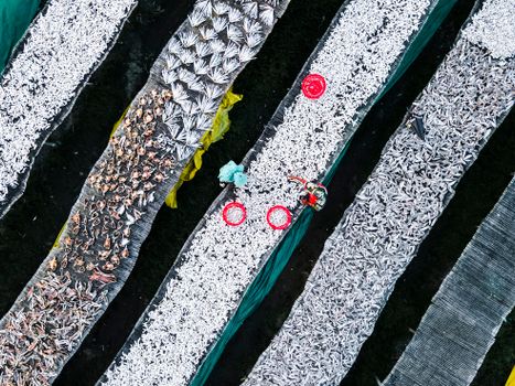 An overhead view of a fish market with people on the ground