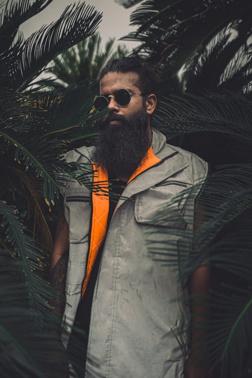 Man Standing Near Dark Green Palm Plants