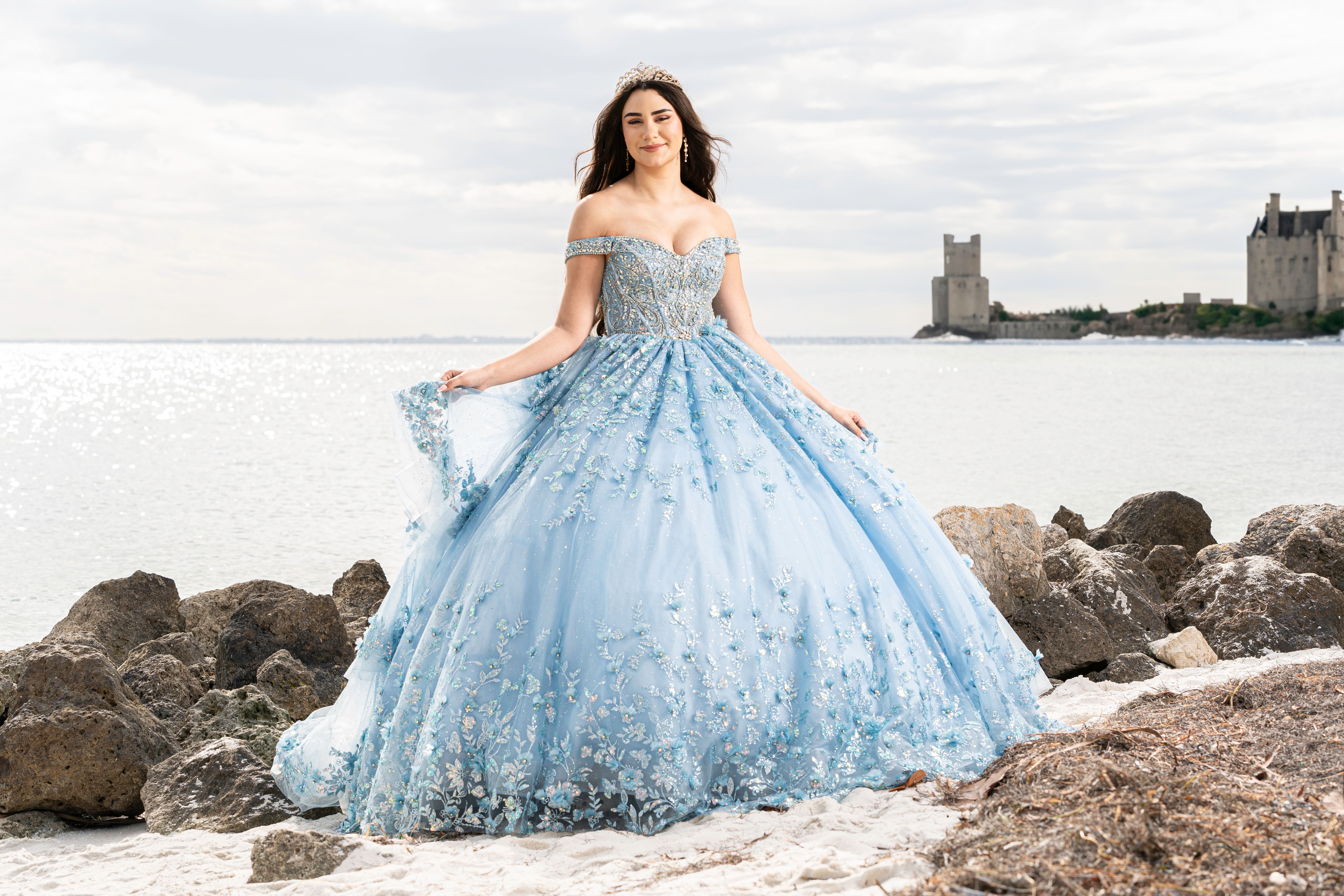 A woman in a blue ball gown standing on rocks by the ocean · Free Stock ...