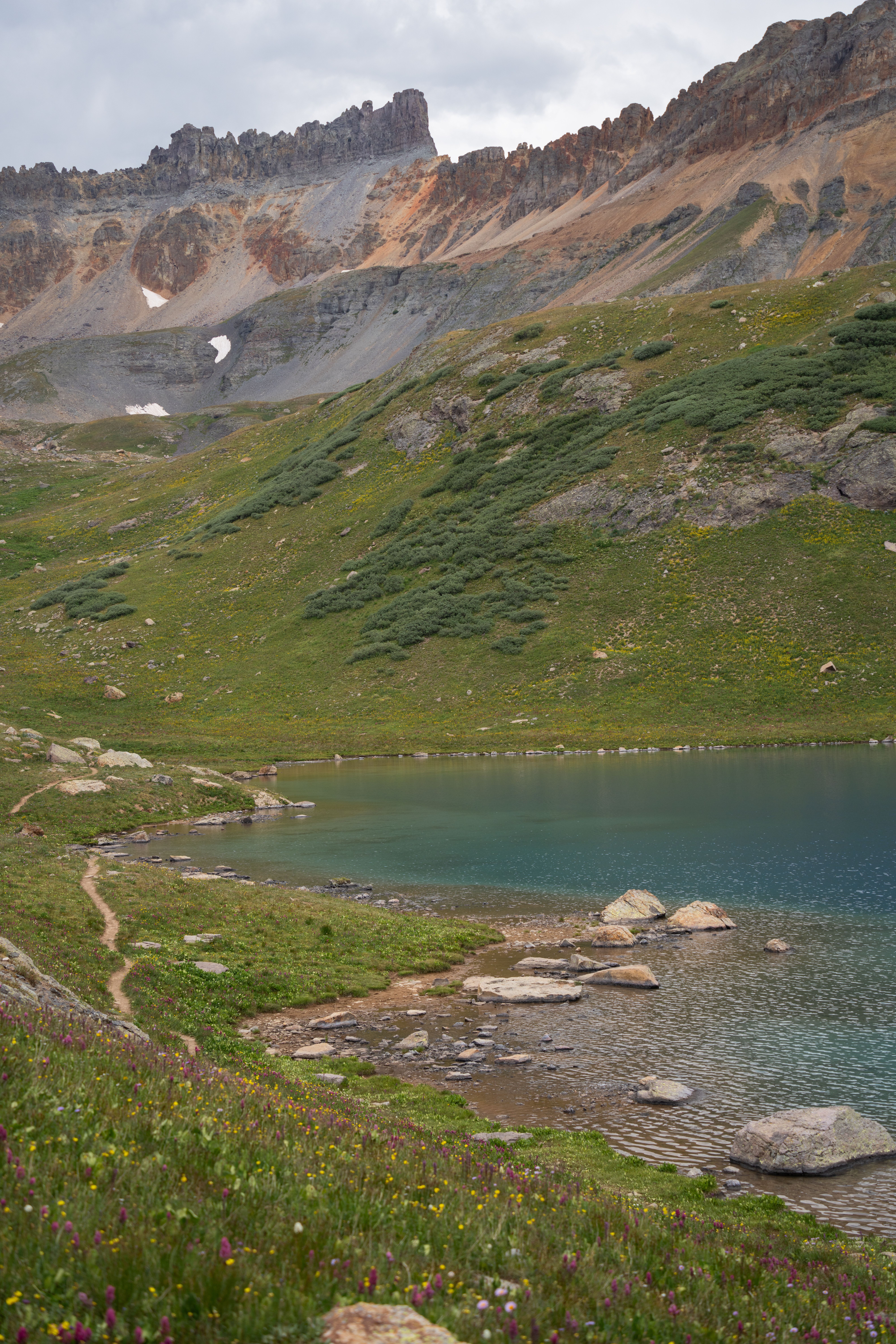 A mountain lake surrounded by grass and rocks · Free Stock Photo