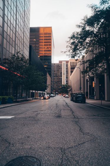 Downtown Cleveland streetscape at dusk