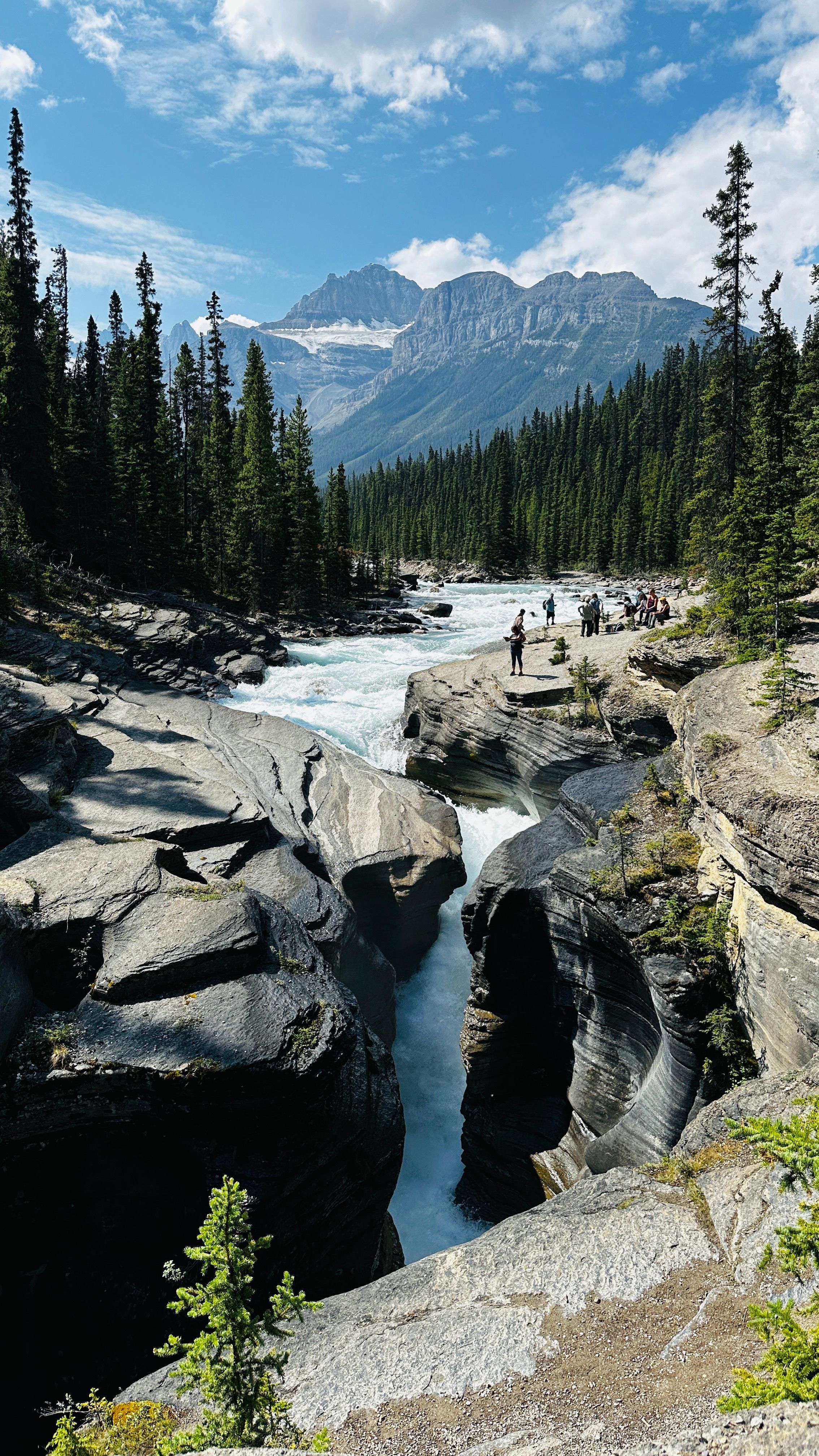 A river flowing through a rocky canyon with trees and mountains · Free ...