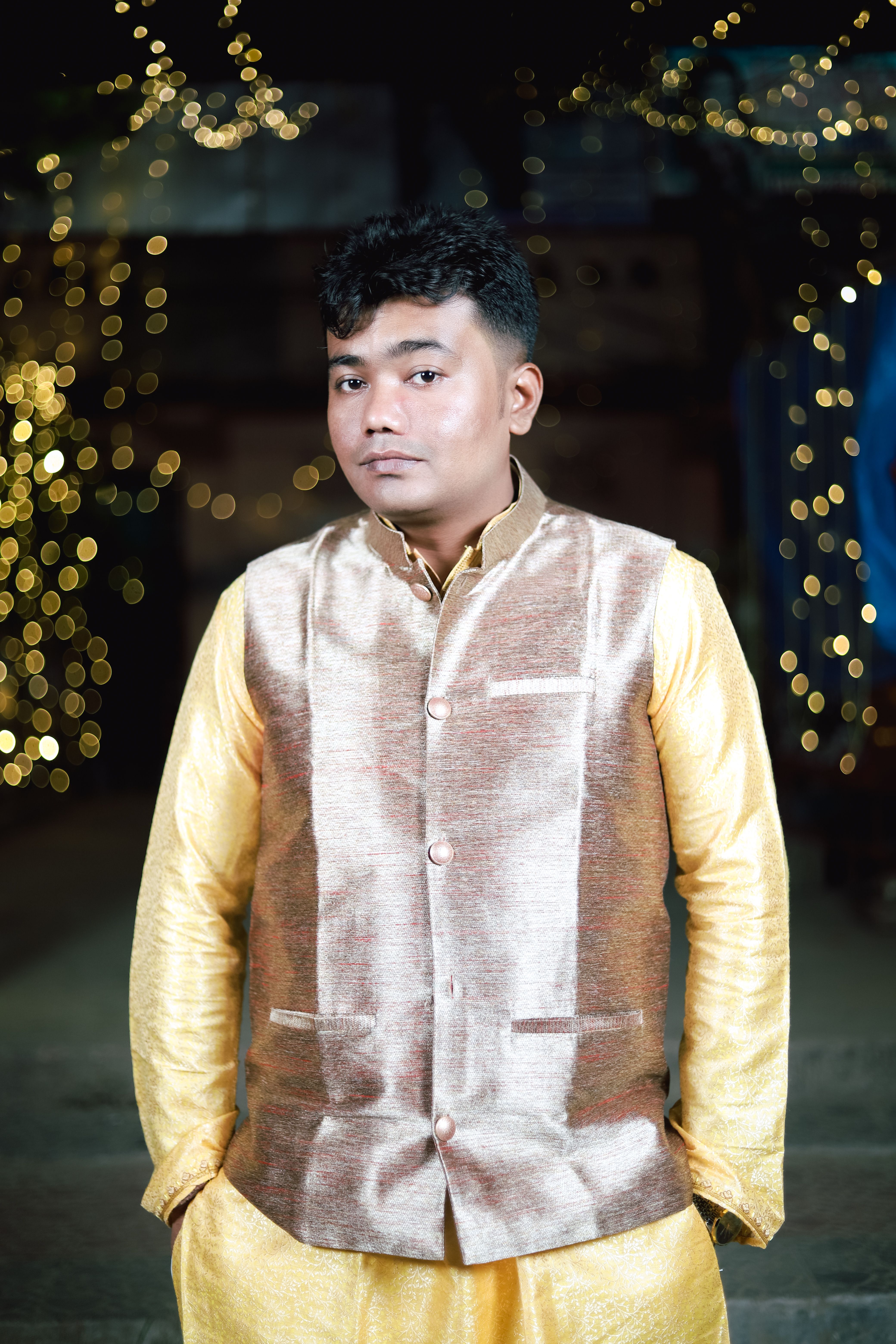 Portrait of a man in traditional Indian festive wear with a bokeh backdrop