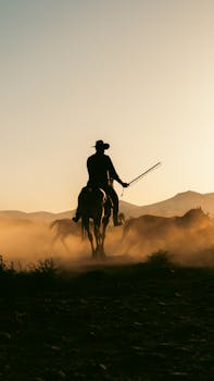 Silhouetted cowboy on horseback herding horses in dusty sunset landscape of Kayseri, Türkiye.