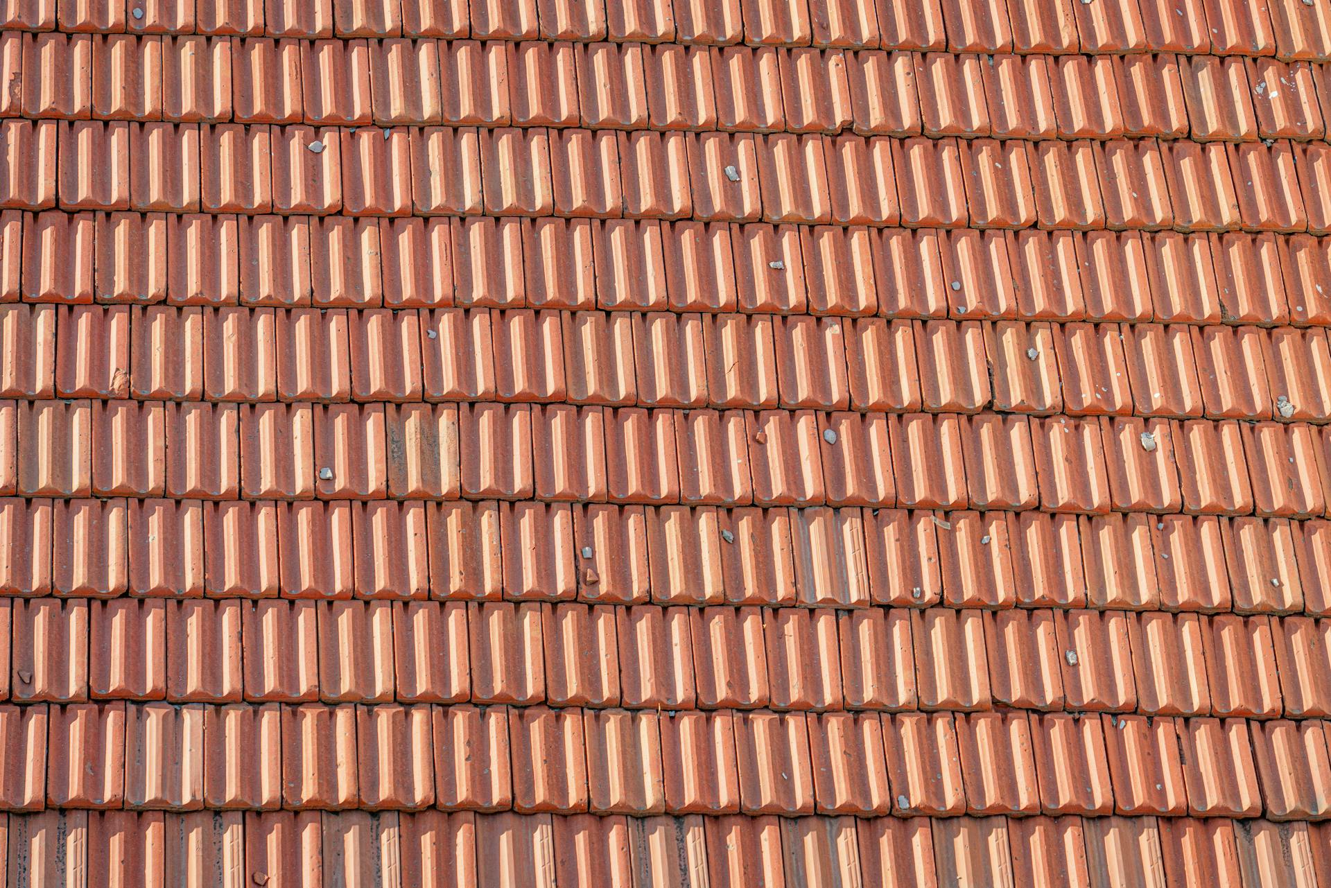 Detailed view of overlapping clay roof tiles creating a textured pattern on a sunny day.