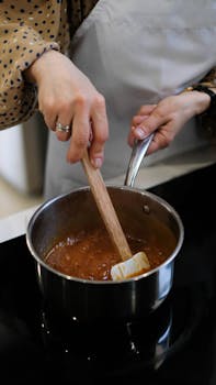 Close-up of a cook stirring a savory sauce in a saucepan, perfect for culinary themes.