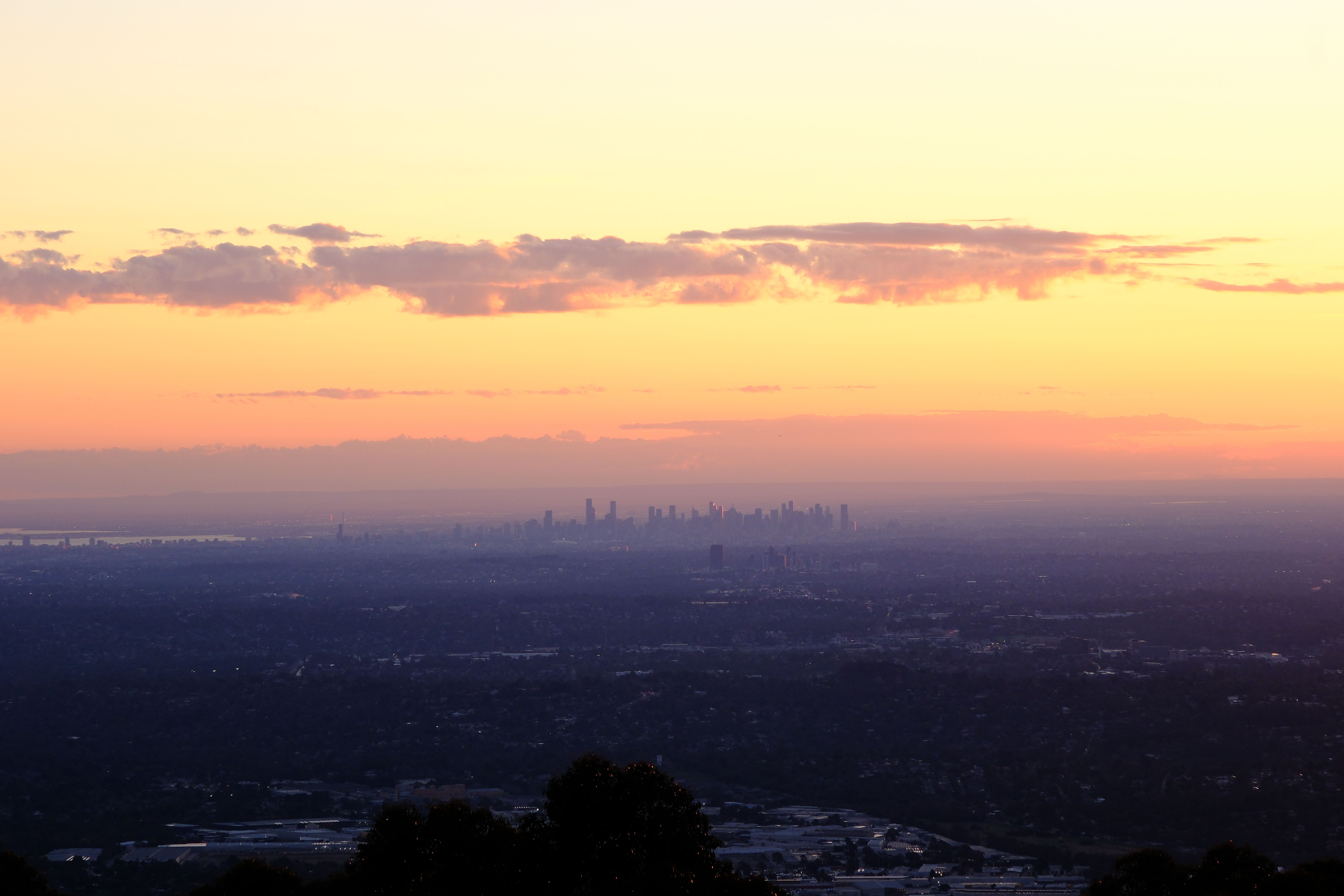 Faint city skyline glowing on the horizon across a wide forested valley at dusk