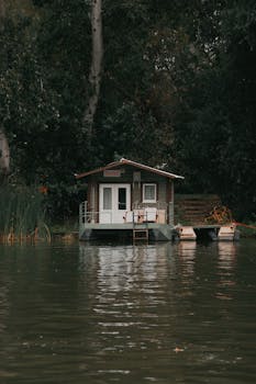 A tranquil floating house on a lake surrounded by lush greenery in Hungary, perfect for peaceful retreats.