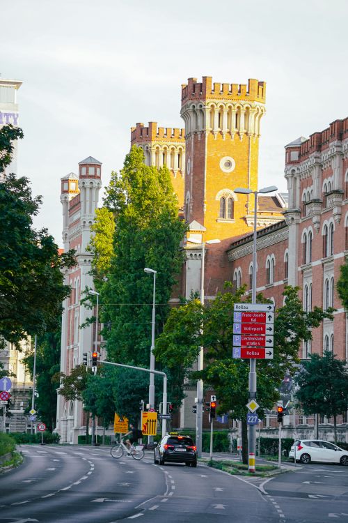 Free Gothic-style red brick towers along a tree-lined city street in daylight. Stock Photo