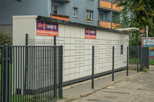 Outdoor parcel locker in Wroclaw, with Allegro Smart advertisement, near residential buildings.