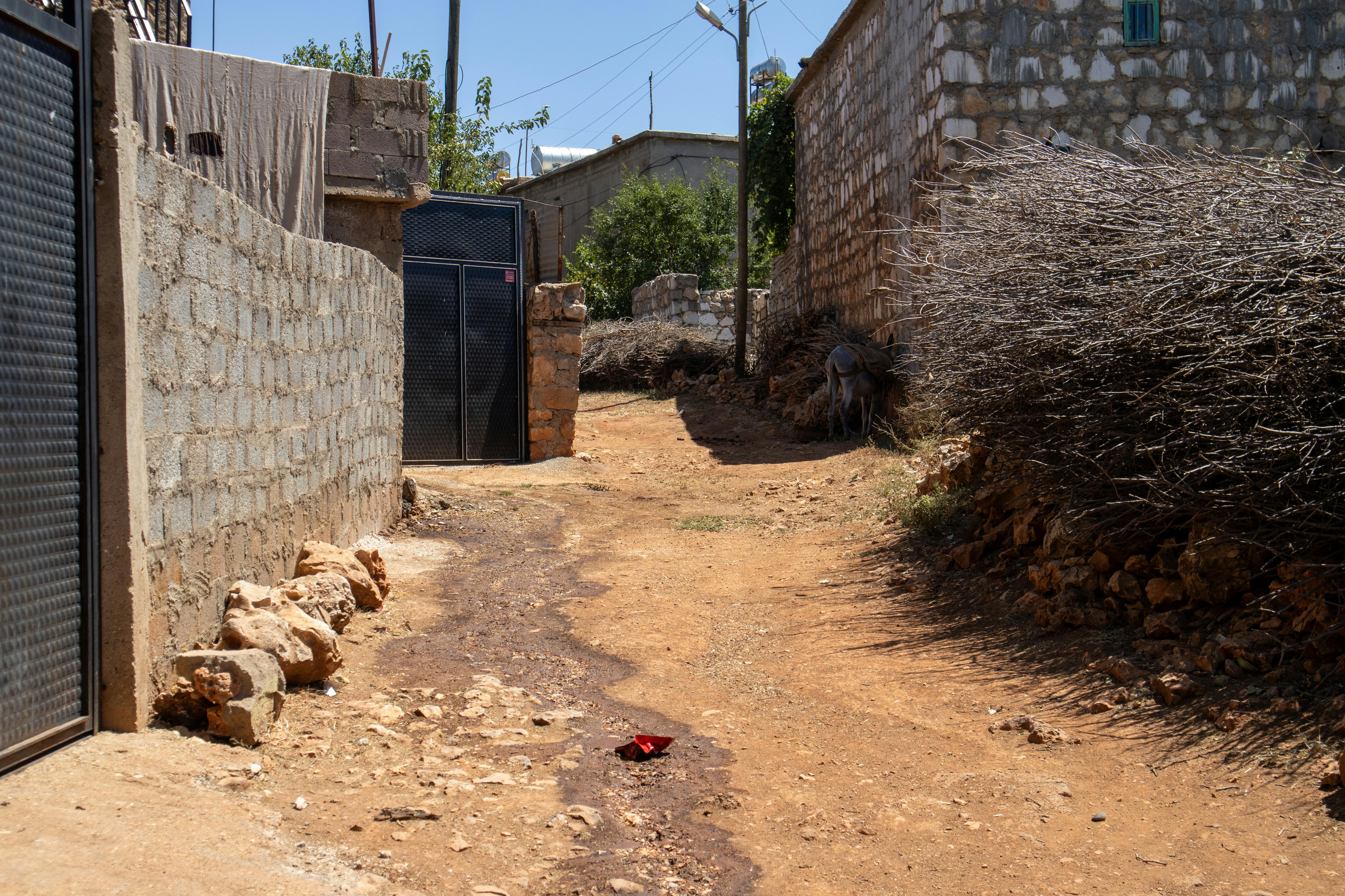 A sunlit village alley with rustic stone walls in Kuyu, Diyarbakır, Türkiye. Quiet and serene scene.