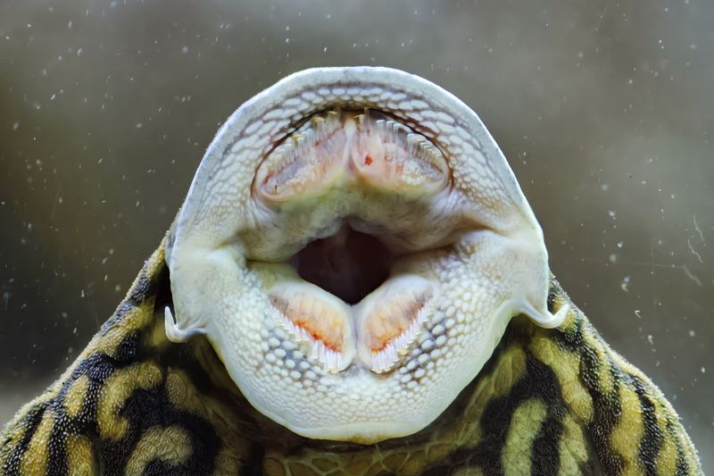 Detailed close-up of a fish mouth underwater in a tropical setting, exploring marine wildlife.