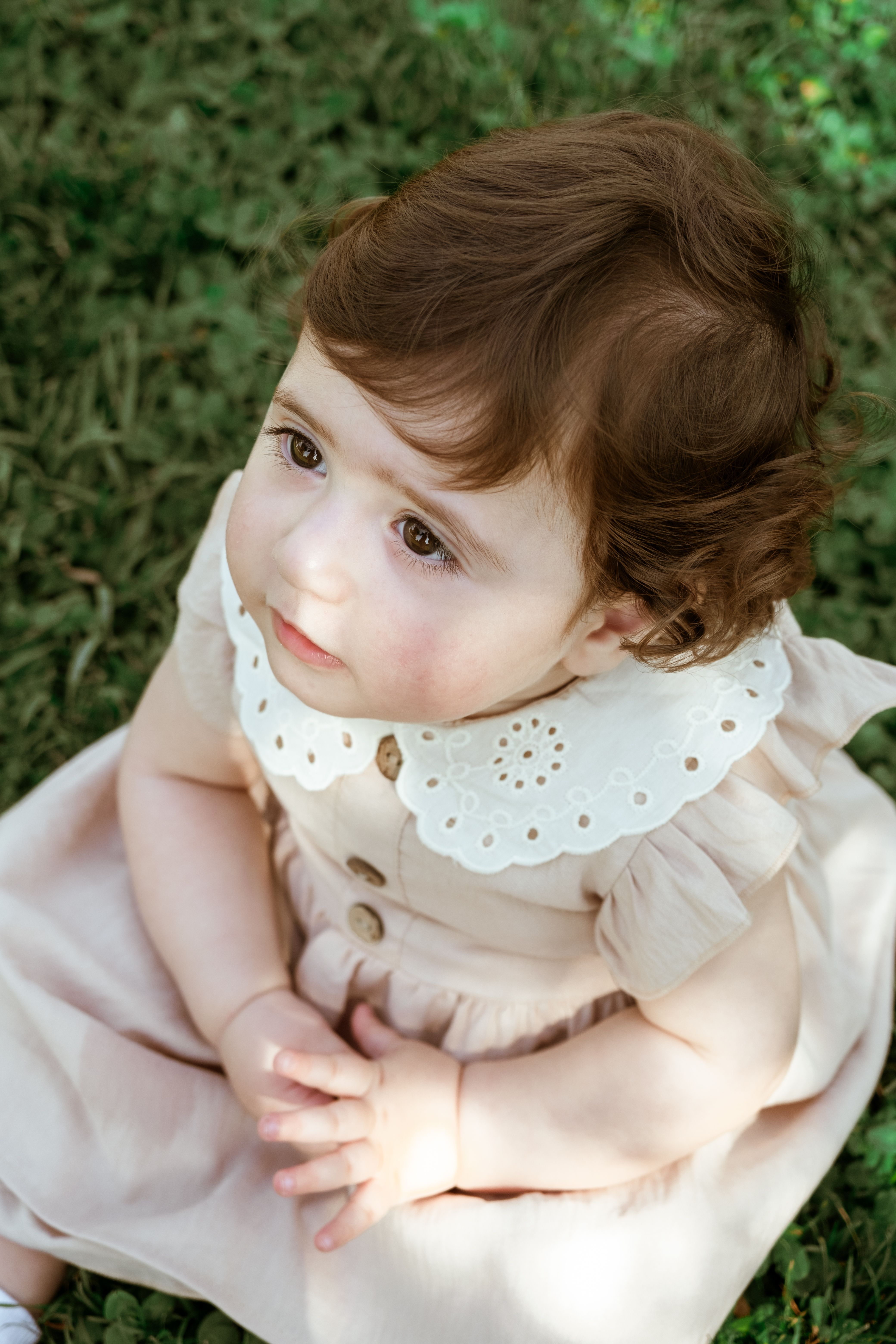 A baby girl wearing a pink dress sitting on the grass · Free Stock Photo