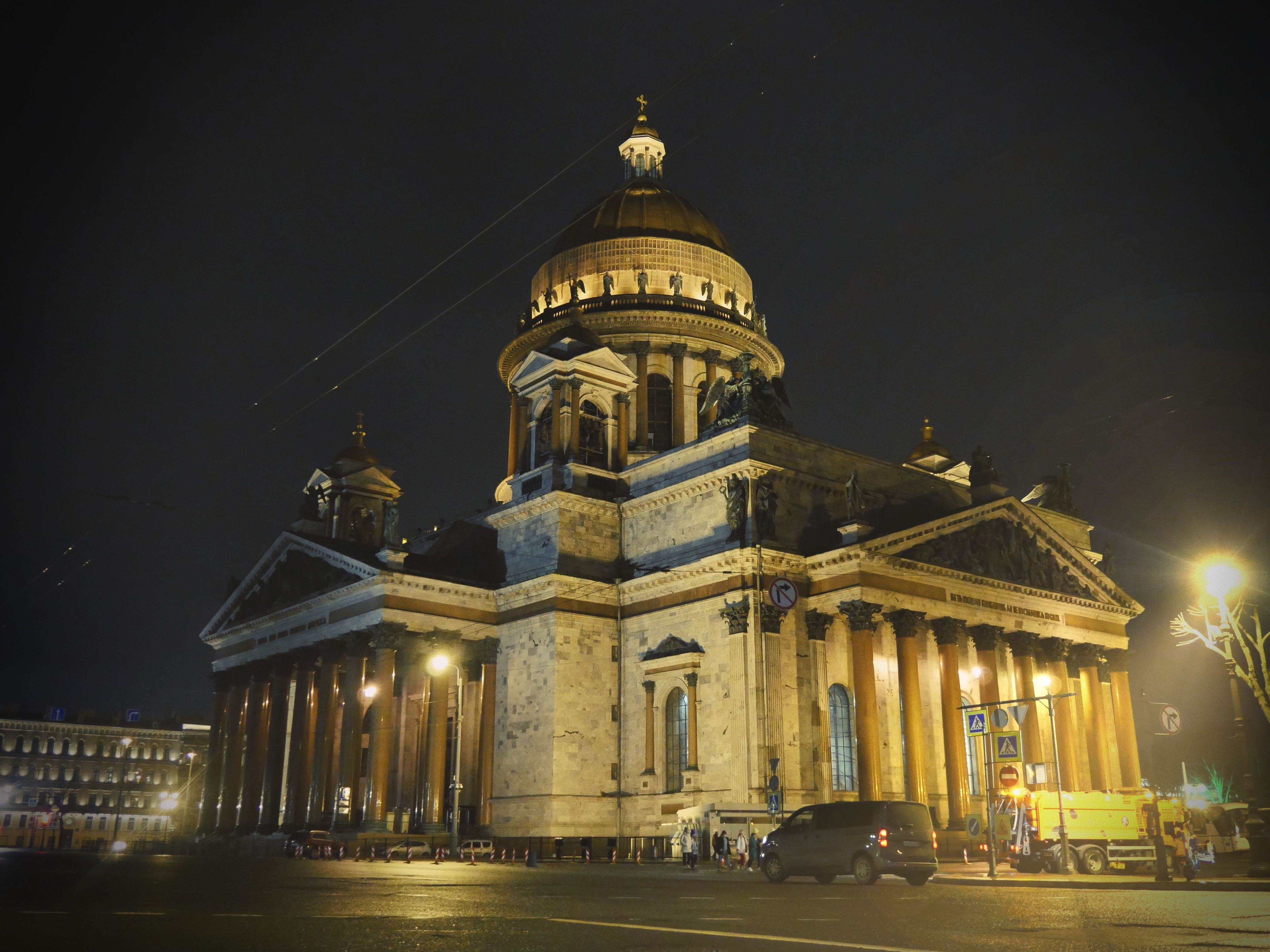 Saint Isaac's Cathedral lit up at night in Saint Petersburg