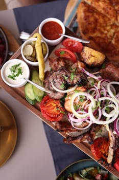 Savory grilled meat with fresh vegetables on a rustic platter, perfect for any meal.