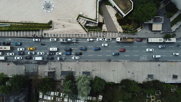 A busy street in Istanbul captured from above, showcasing urban traffic and architecture.