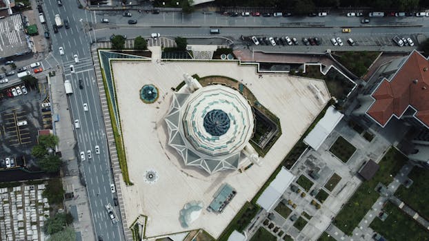 Drone shot capturing the architectural beauty of the İlahiyat Mosque in İstanbul, Türkiye.