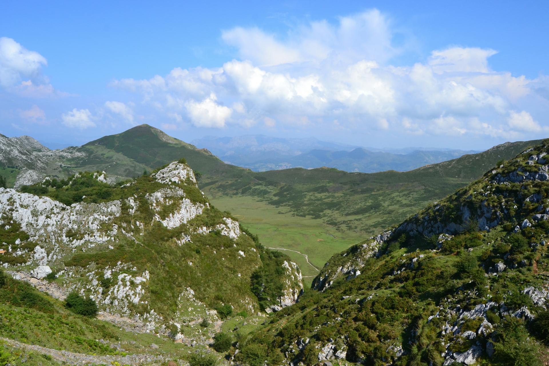 Stunning view of the lush green Picos de Europa mountains under a bright summer sky, perfect for travel and nature enthusiasts.