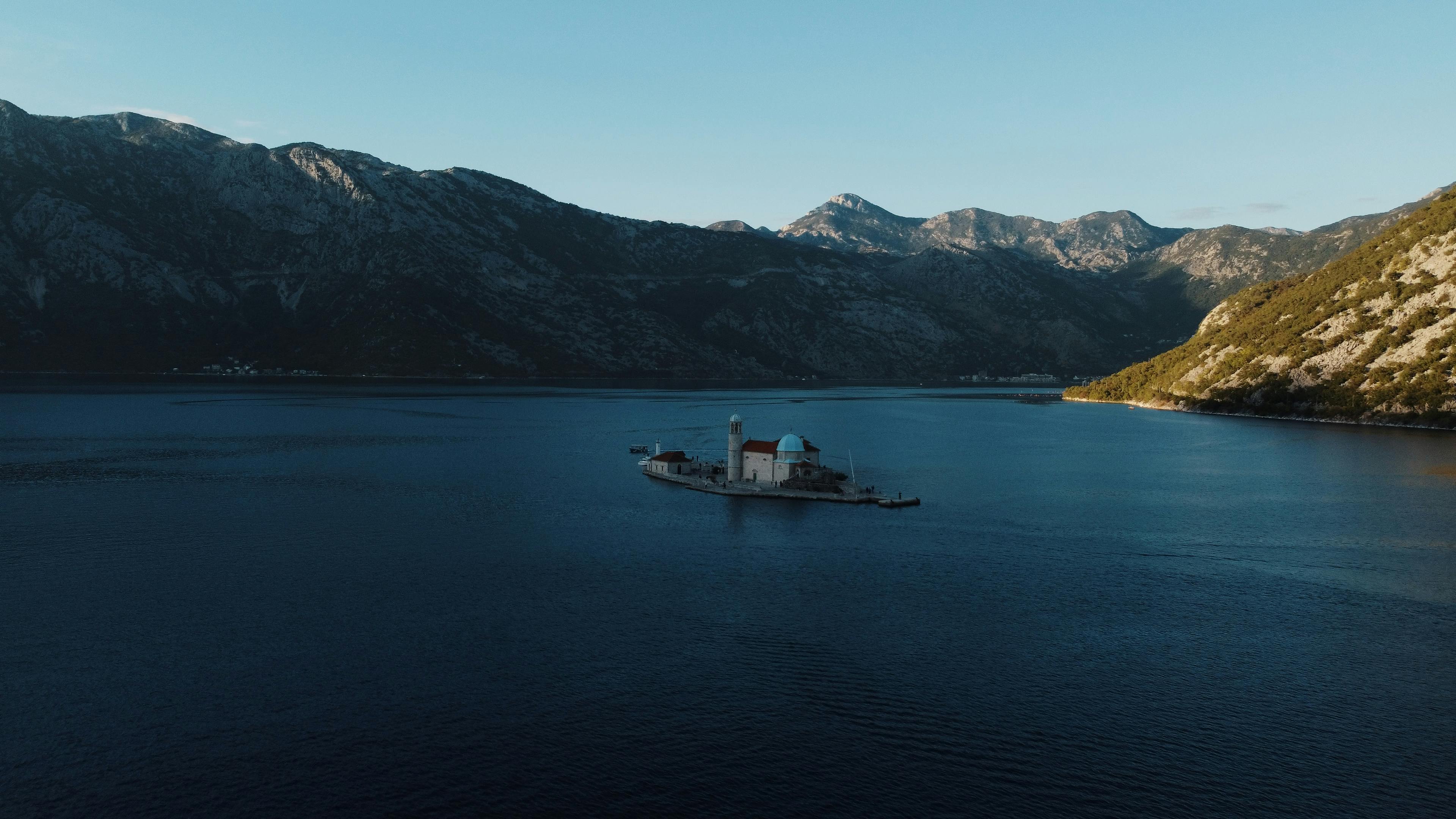 An aerial view of Our Lady of the Rocks island in Kotor Bay, Montenegro.