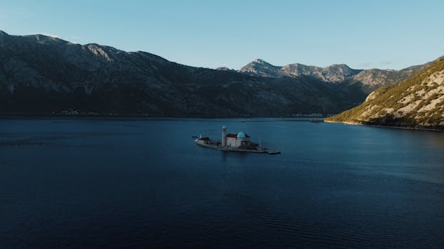 An aerial view of Our Lady of the Rocks island in Kotor Bay, Montenegro.