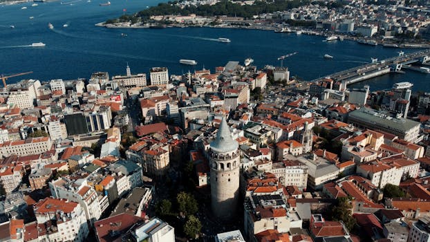 Stunning aerial image capturing Galata Tower, the Bosphorus, and Istanbul's vibrant cityscape.