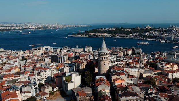 Panoramic aerial view of Galata Tower in Istanbul, showcasing the city's skyline and Bosphorus.