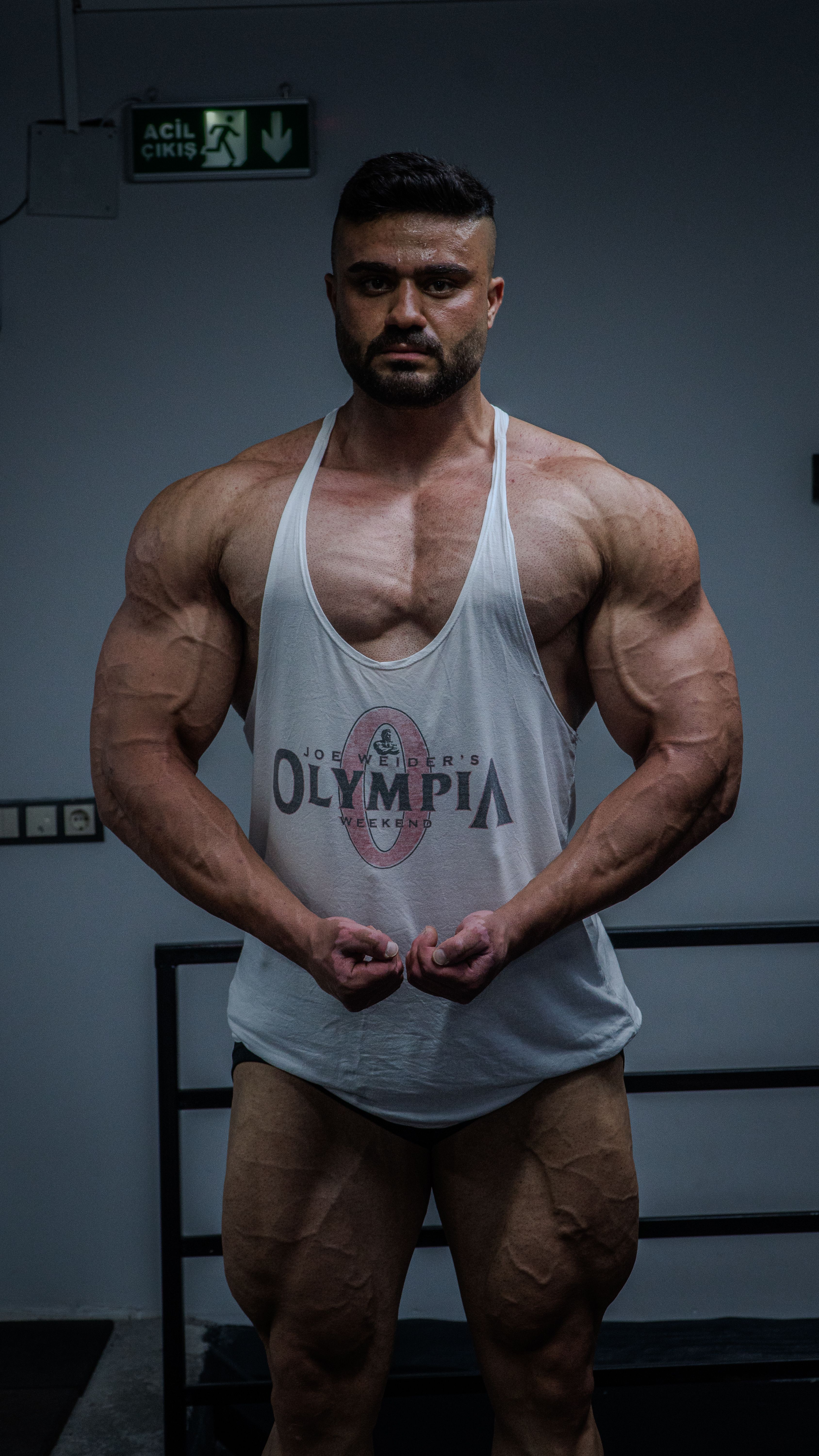 Muscular male bodybuilder posing in a gym, showcasing strength and fitness.