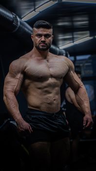 A shirtless muscular man in a gym, showcasing strength and fitness in an athletic pose.