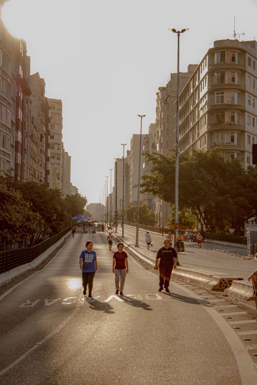 Free People walking on a sunlit urban street, surrounded by tall buildings, during sunset. Stock Photo
