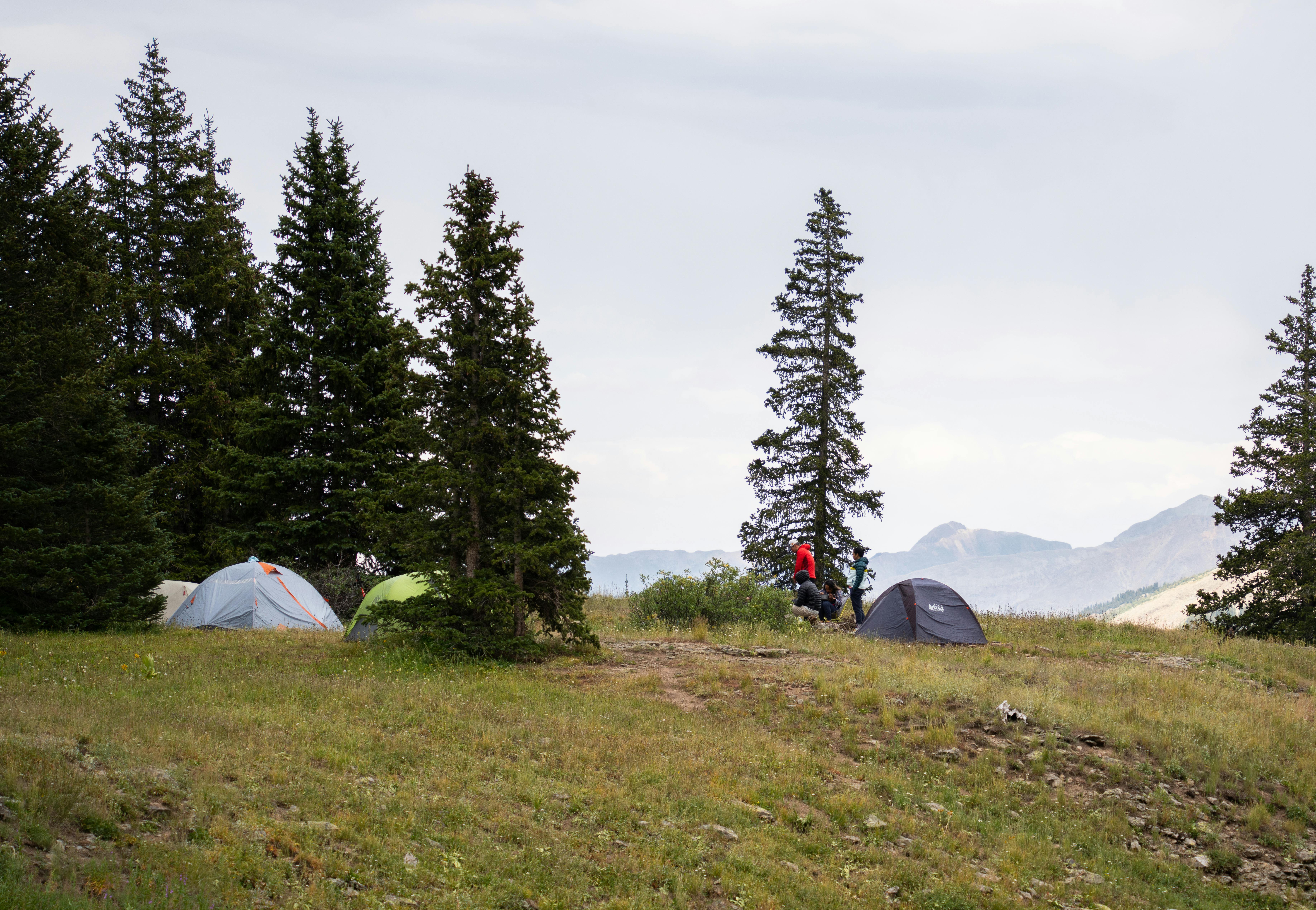 a group of tents on a grassy hillside