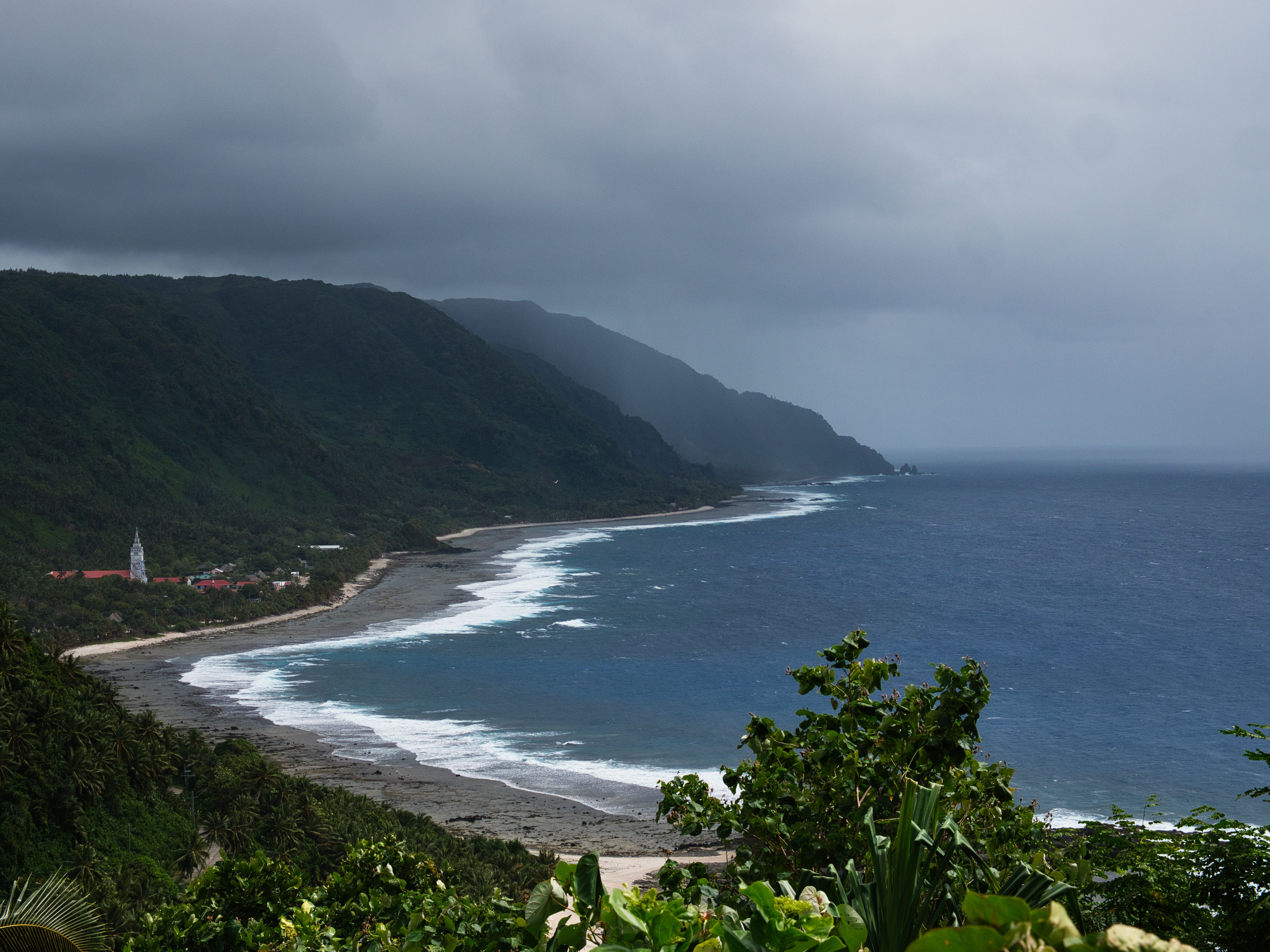 Tropical coastline under an overcast distant sky