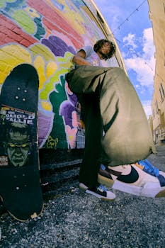 A skateboarder in a colorful alley with graffiti, embodying urban street culture.