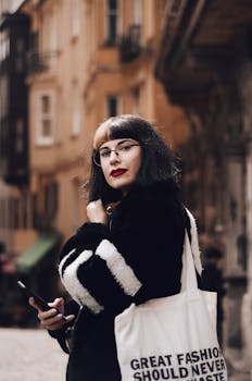 一位别致的女士将一件毛皮大衣搭在时髦的手提袋上，立于城市景观之中