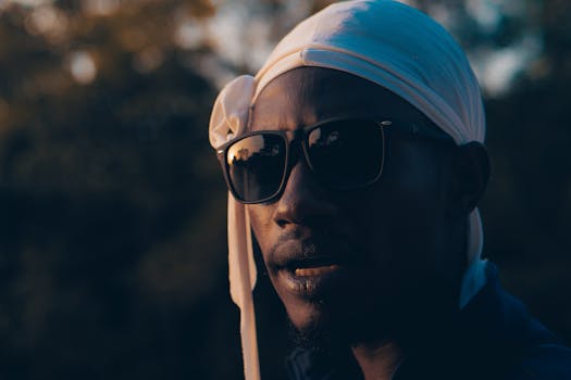Portrait of a man wearing sunglasses and a white headscarf outdoors during sunset.