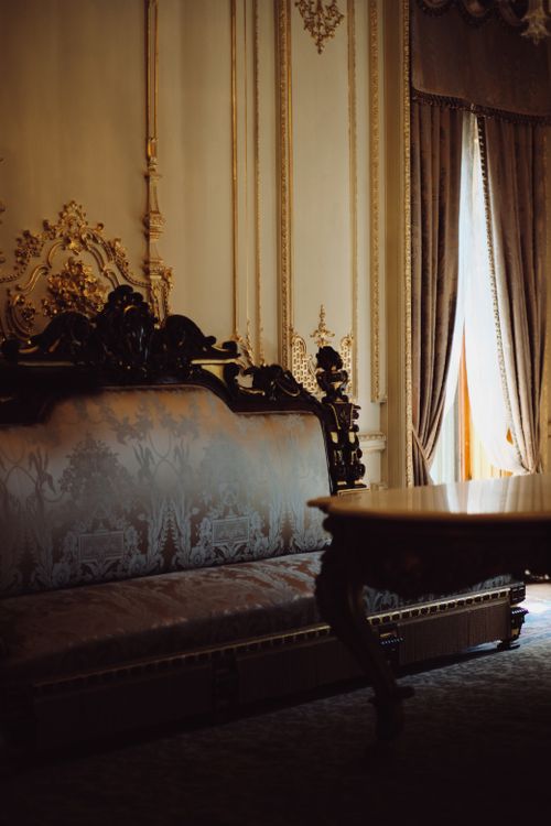 Free Elegant Ottoman-style living room with intricate woodwork and drapery in İstanbul. Stock Photo