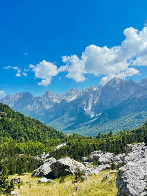 Free Spectacular view of mountain peaks and lush valley under a bright blue sky. Stock Photo