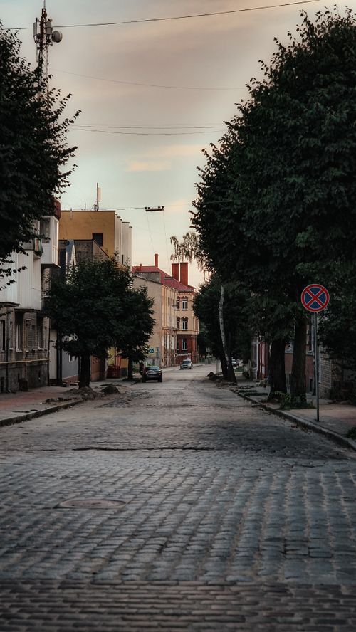 Free Picturesque urban street with cobblestones and trees in a quiet neighborhood at dusk. Stock Photo