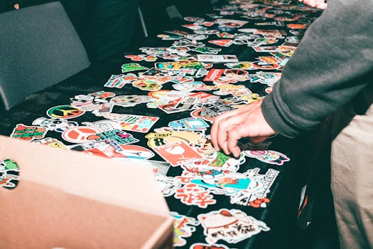 Vibrant assortment of stickers displayed on a table indoors.
