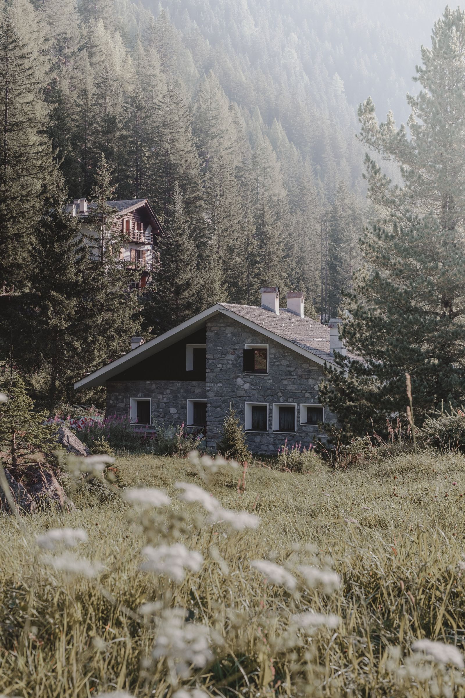 Stone cabin in a misty mountain forest