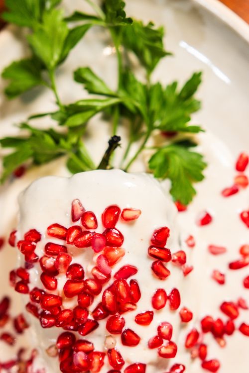 Free Mexican dish chile en nogada topped with pomegranate seeds and garnished with parsley on a plate. Stock Photo