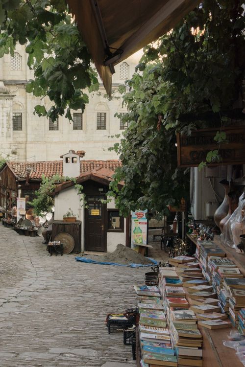 Free A picturesque old town market scene with books, shops, and greenery, creating a serene atmosphere. Stock Photo