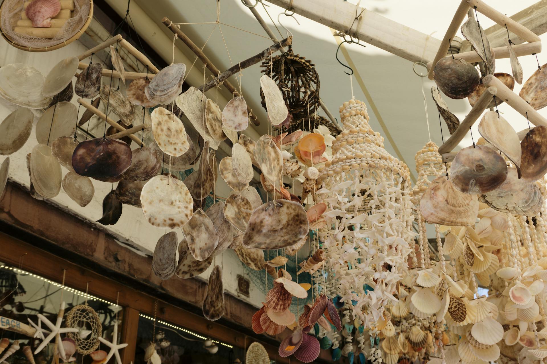 Intricate display of seashell wind chimes at a market, showcasing vintage and handmade craftsmanship.