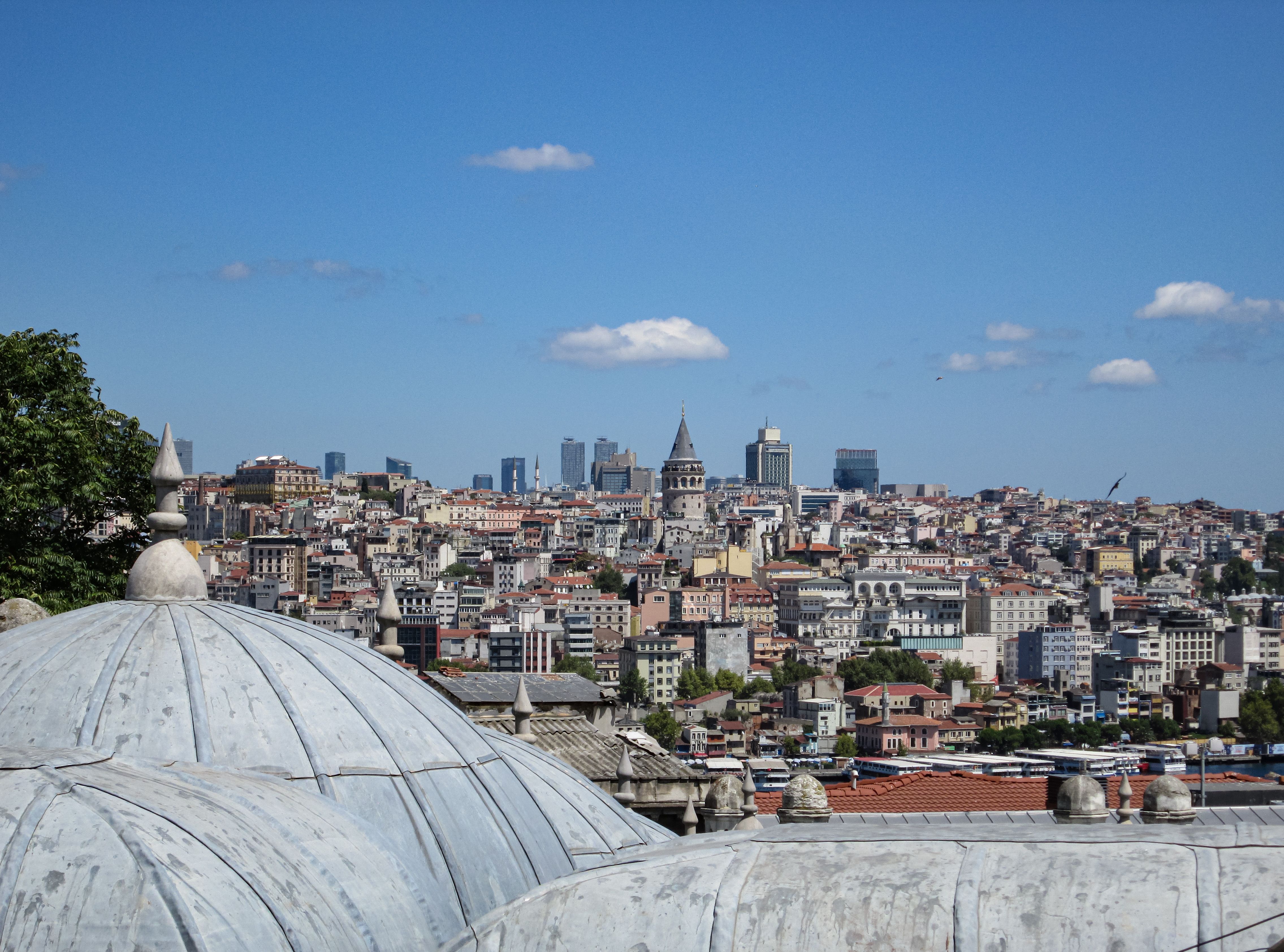 The view from the top of a building with a city in the background ...