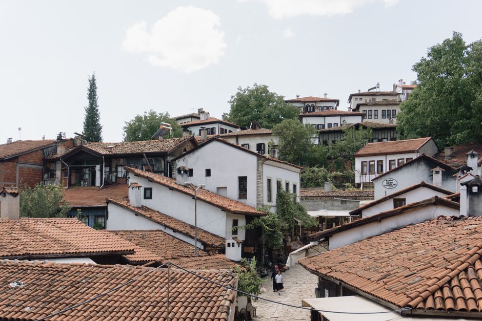 Explore the traditional architecture and rooftops of a charming historic town under a bright sky.