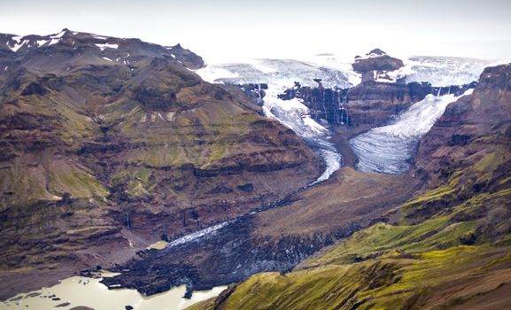Breathtaking aerial view of Skaftafell glacier in Iceland, showcasing rugged terrain and icy beauty.