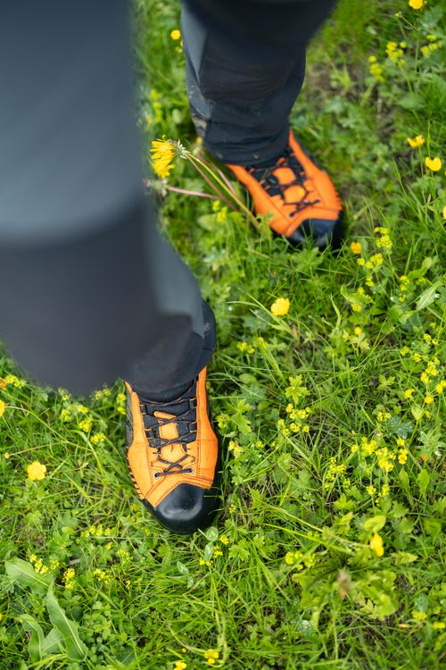 A person wearing orange hiking shoes in the grass · Free Stock Photo