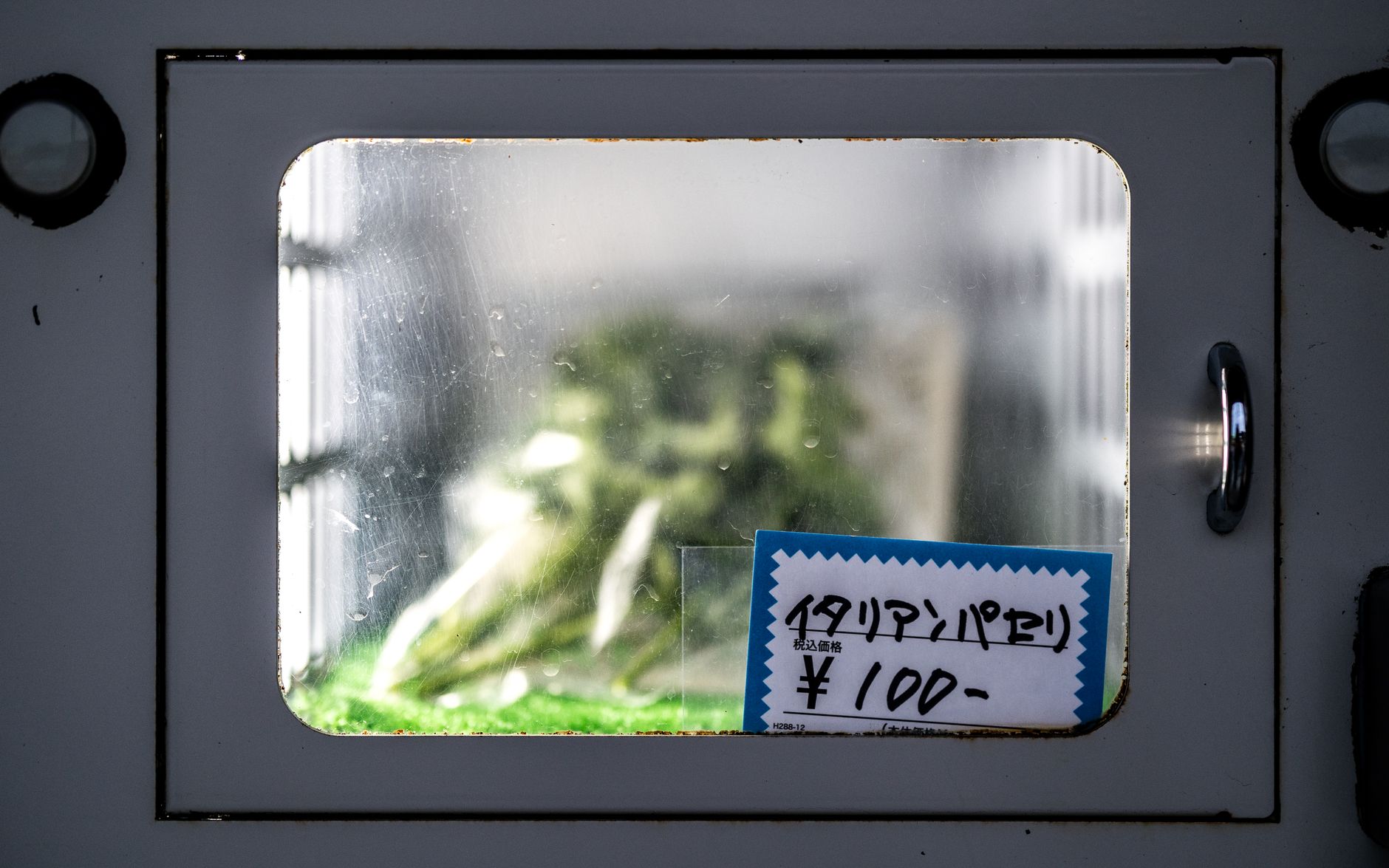 2026 상반기 전 확인, 일본 물가·엔화 환율 4단계 점검 리스트 3 A vending machine window displaying Italian parsley priced at 100 yen in Japan.