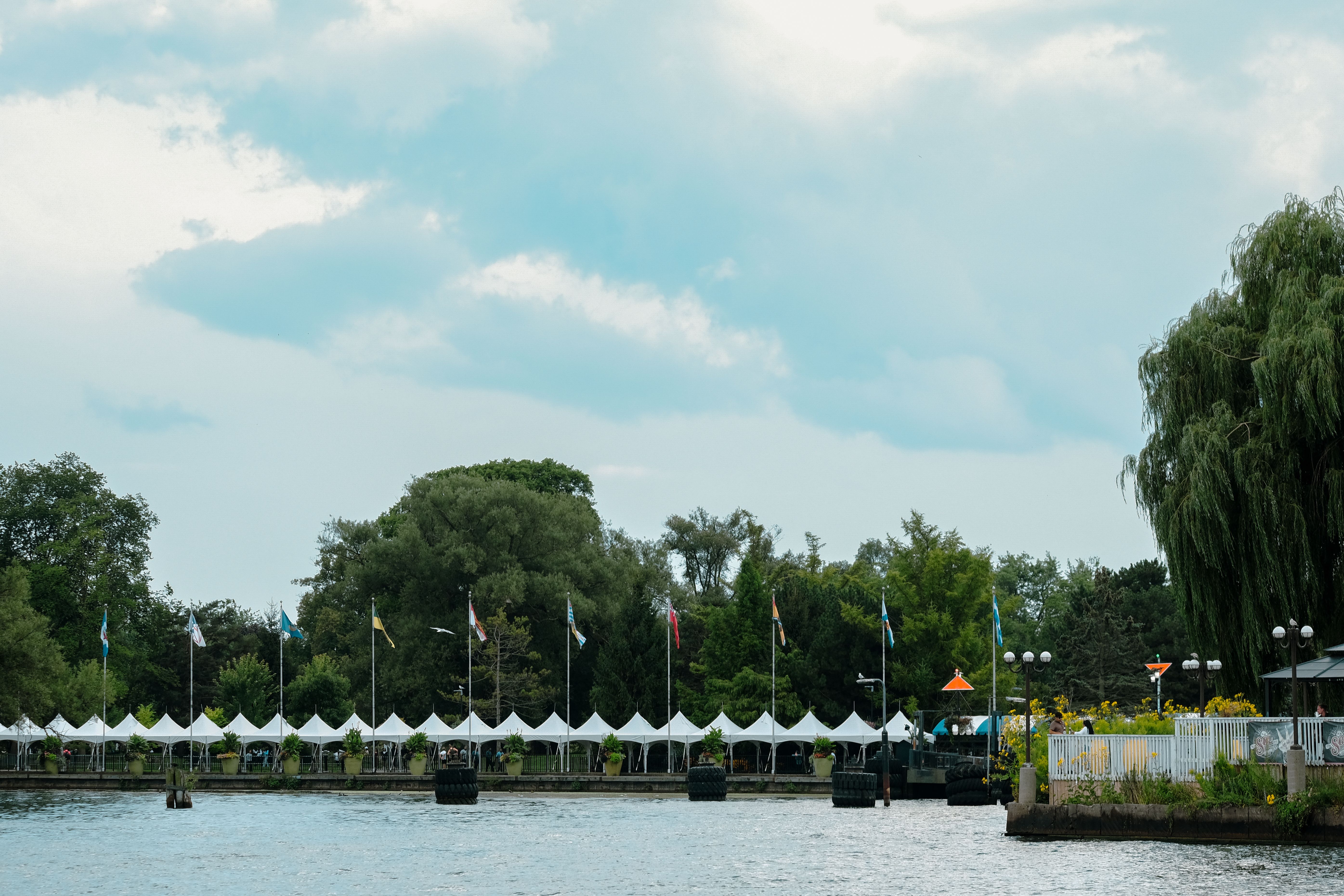 Waterfront view with trees and flags at Toronto's harbor in summer.