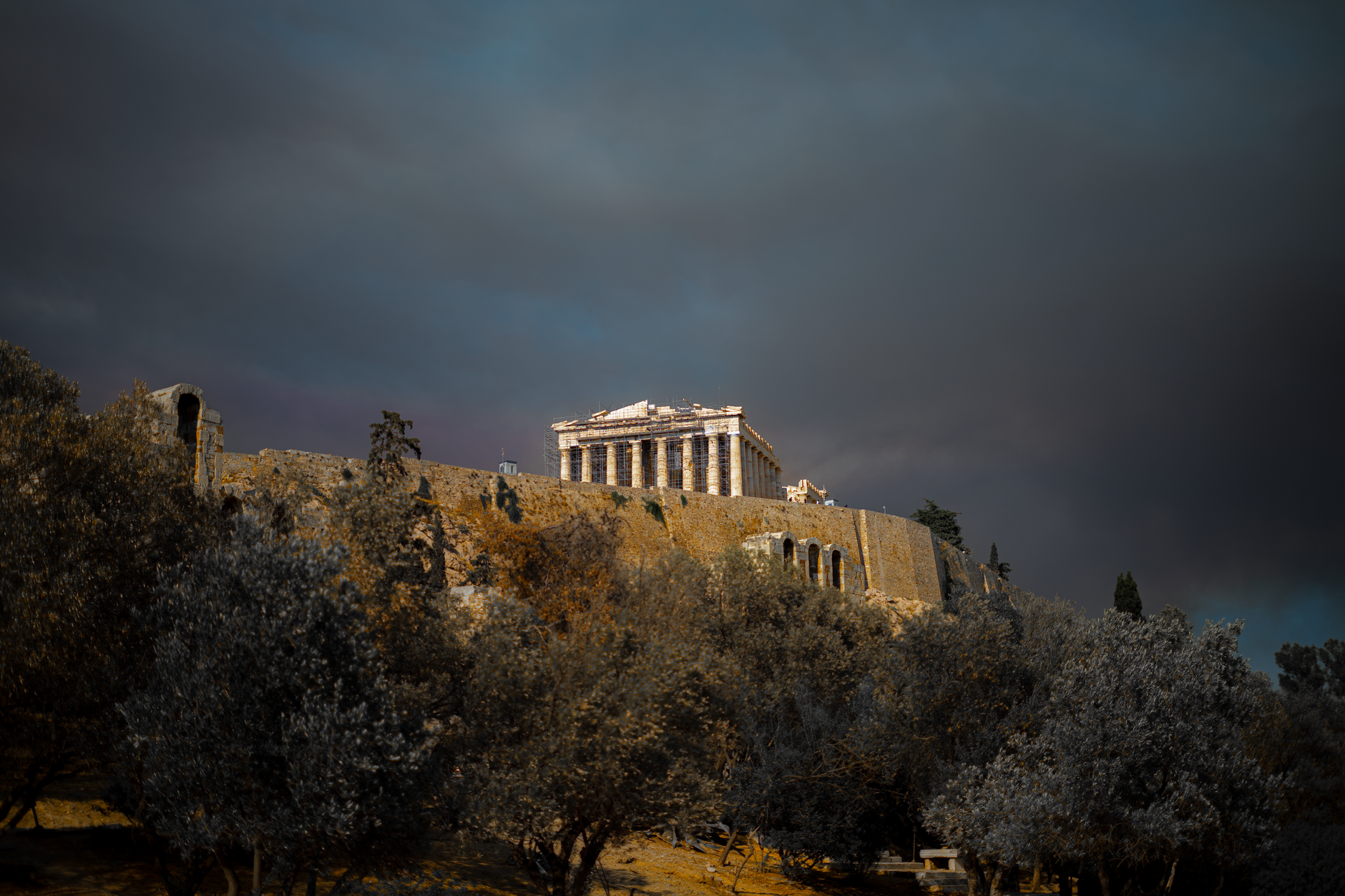 Capture of the Acropolis in Athens under a dramatic sky, showcasing ancient Greek architecture.